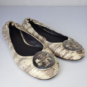 Tory Burch Reva Size 7.5 Womens Gray Cream Snakeskin Print Leather Flats Shoes
